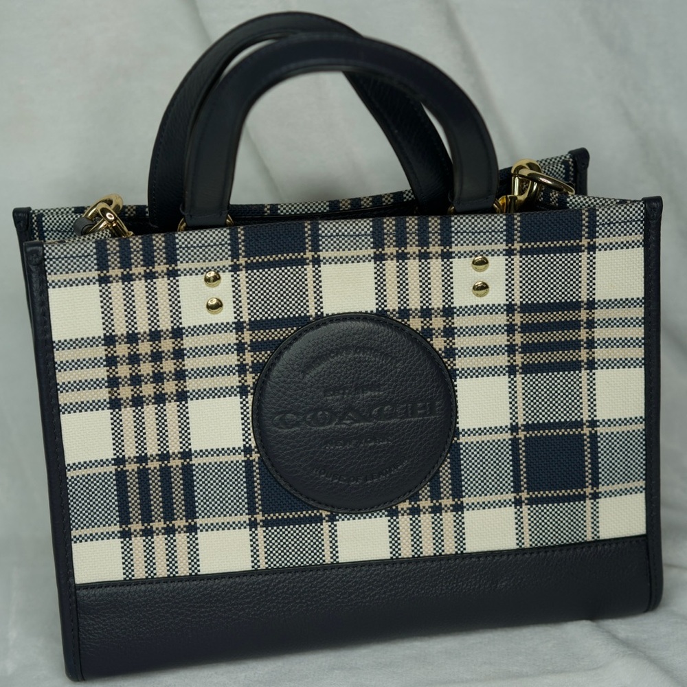 Coach Navy and Cream Plaid Satchel